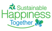 Sustainable Happiness Together logo with blue and green butterfly and green "recycle symbol"