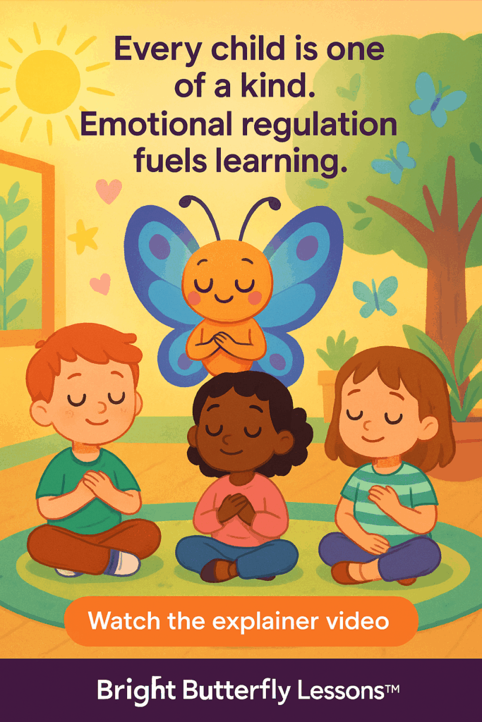 A cartoon graphic with three diverse children (one light skinned boy on the left, a darker skinned girl in the middle, and a light skinned girl on the right) sitting in meditation postures on a green, oval shaped rug with "Brightly the Butterfly" behind. All are doing HeartMath® breathing. Yellow background has a tree, pink hearts, yellow star and three blue butterflies, two plants and a framed picture of a plant. Black text says "Every child is one of a kind. Emotional regulation fuels learning." Buttons says "Watch the explainer video" and in white text on a purple banner on the bottom, text says "Bright Butterfly Lessons™"