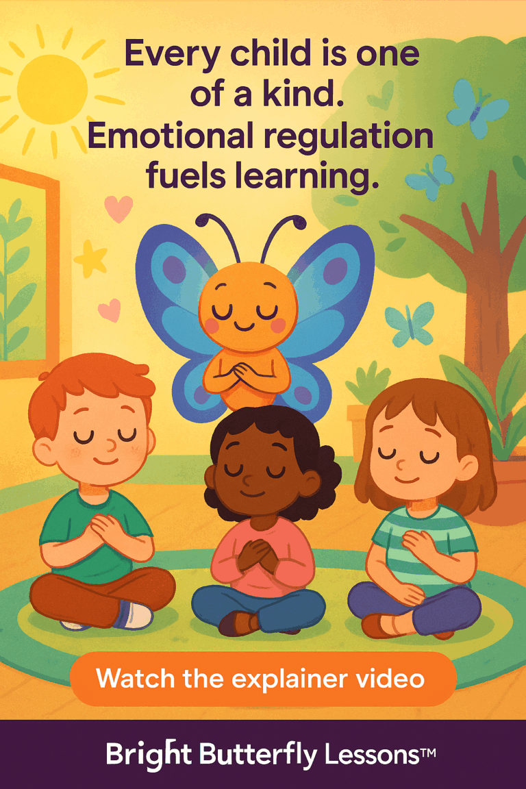 A cartoon graphic with three diverse children (one light skinned boy on the left, a darker skinned girl in the middle, and a light skinned girl on the right) sitting in meditation postures on a green, oval shaped rug with "Brightly the Butterfly" behind. All are doing HeartMath® breathing. Yellow background has a tree, pink hearts, yellow star and three blue butterflies, two plants and a framed picture of a plant. Black text says "Every child is one of a kind. Emotional regulation fuels learning." Buttons says "Watch the explainer video" and in white text on a purple banner on the bottom, text says "Bright Butterfly Lessons™"