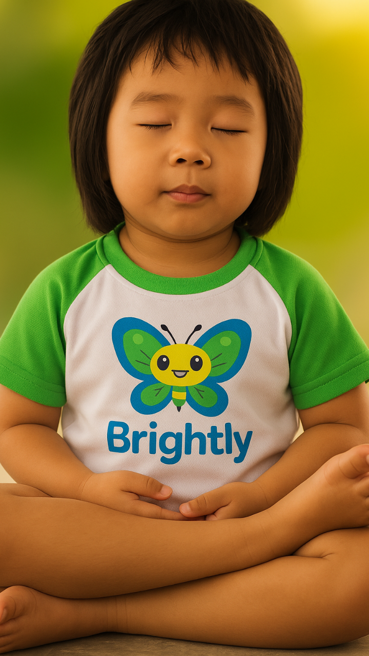 Young Asian child wearing a Brightly t-shirt while meditating. Shirt has green short sleeves with a white front and a picture of Brightly the Butterfly in the center and the word "Brightly" in blue letters. Background is a blurry, green nature scene.