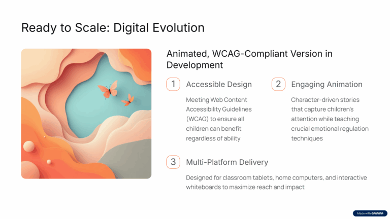 A slide with the words: "Ready to Scale: Digital Evolution Animated, WCAG-Compliant Version in Development Accessible Design Meeting Web Content Accessibility Guidelines (WCAG) to ensure all children can benefit regardless of ability Engaging Animation Character-driven stories that capture children's attention while teaching crucial emotional regulation techniques Multi-Platform Delivery Designed for classroom tablets, home computers, and interactive whiteboards to maximize reach and impact" and a square graphic on the left side with soft shades of blue and pink with an abstract sky-like scene with two pink butterflies flying over a blue section.